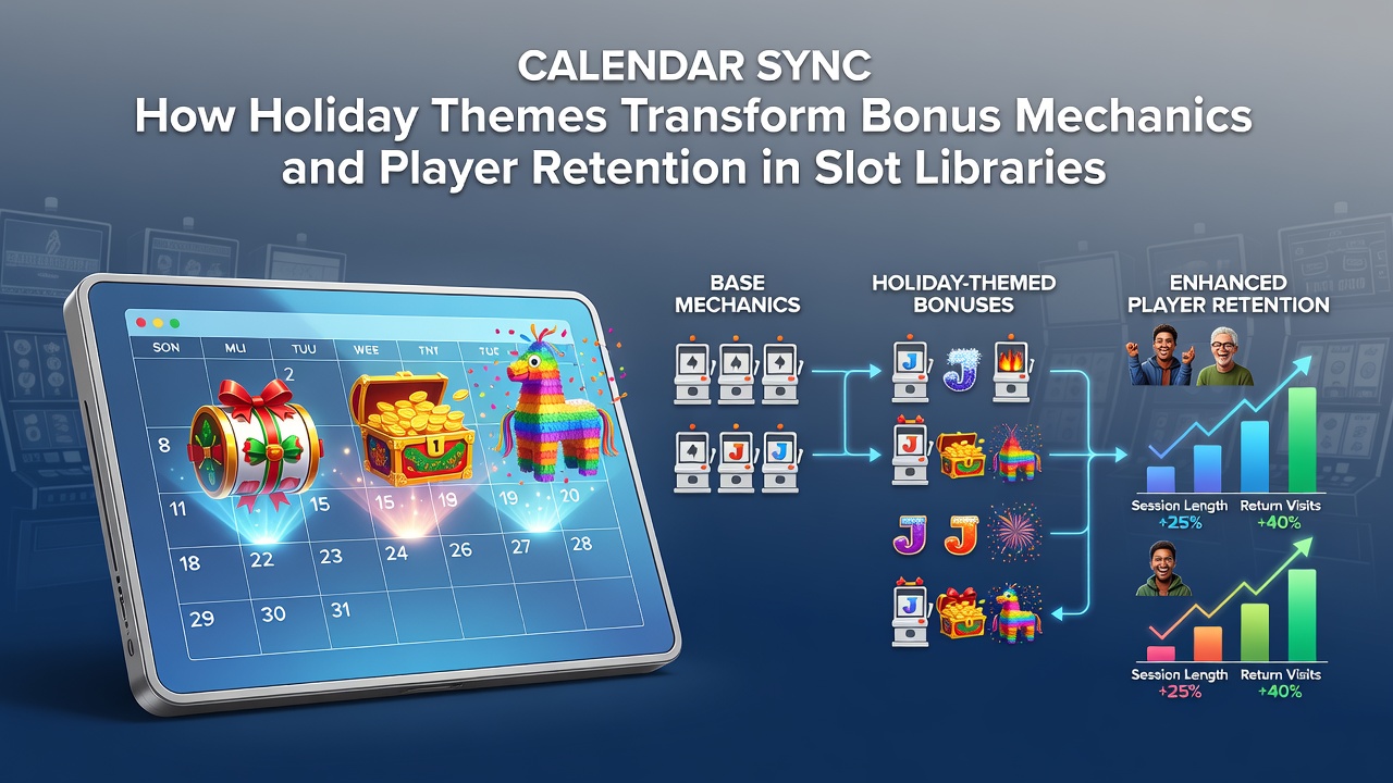 Holiday-themed slot interface displaying calendar-synced bonus features adn seasonal rewards