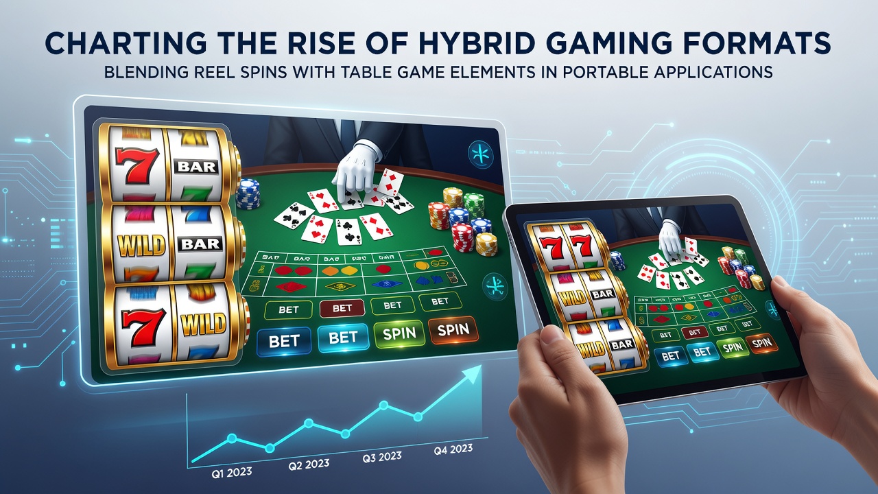Mobile device displaying hybrid gaming interface with reel spins and table game overlays