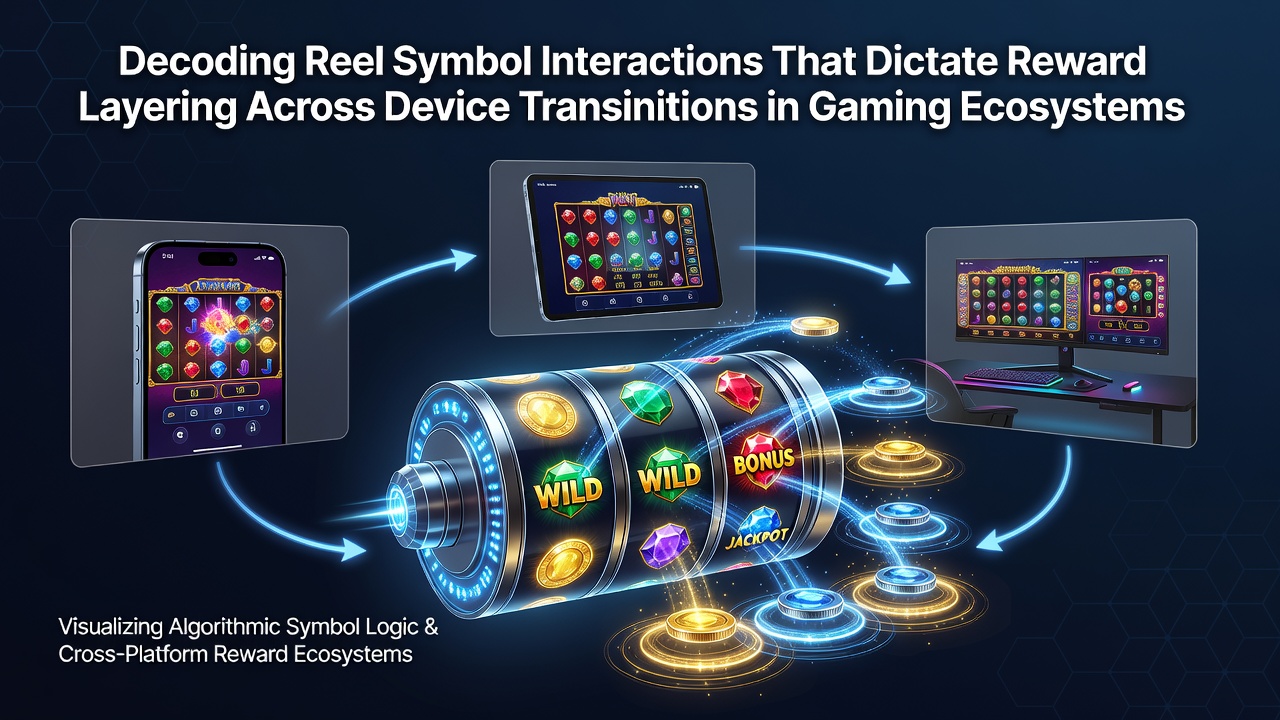 Reel symbols interacting on a digital slot interface displayed across multiple devices including mobile and desktop screens