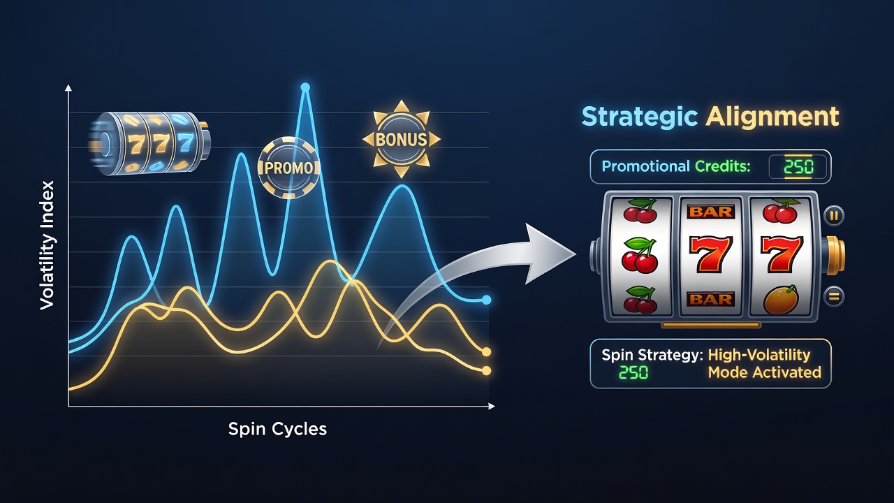 Infographic of volatility curves overlaid with promotional credit and free spin timelines