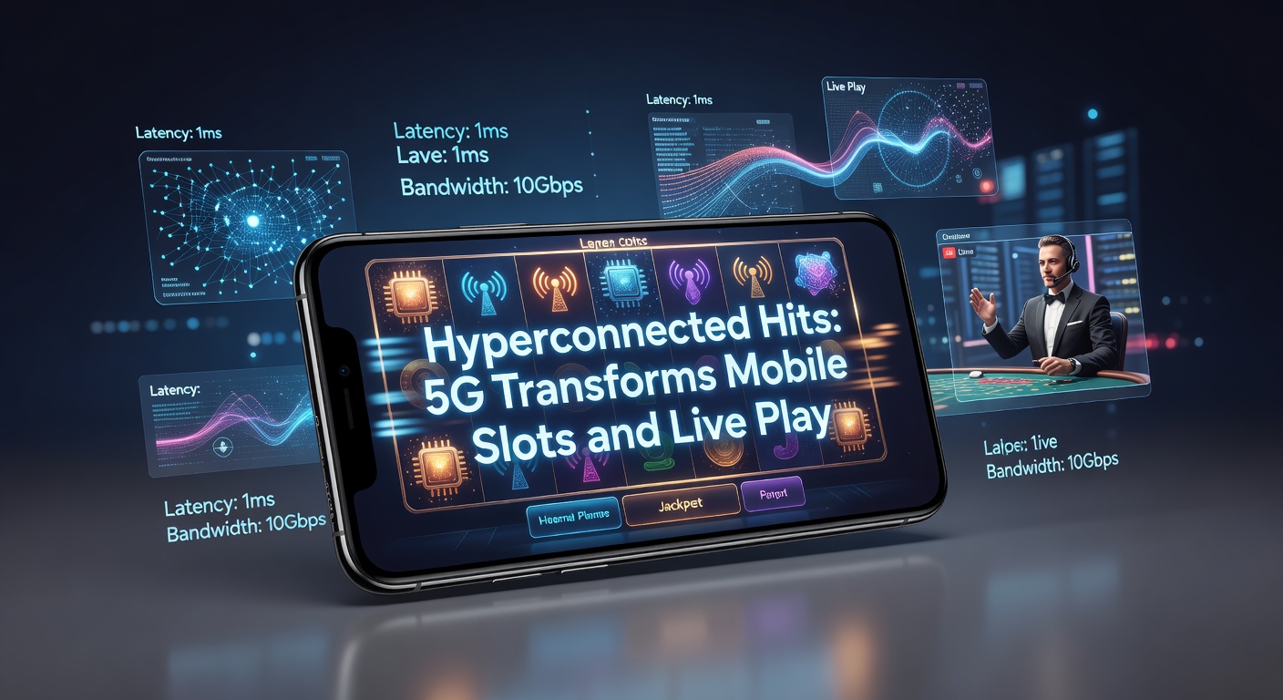 Vibrant mobile screen displaying high-speed 5G-powered slot reels spinning with live dealer streams in the background, showcasing seamless connectivity