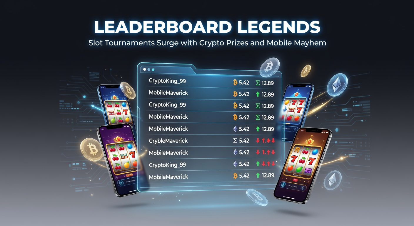 Vibrant slot tournament leaderboard glowing with crypto icons and mobile screens in action