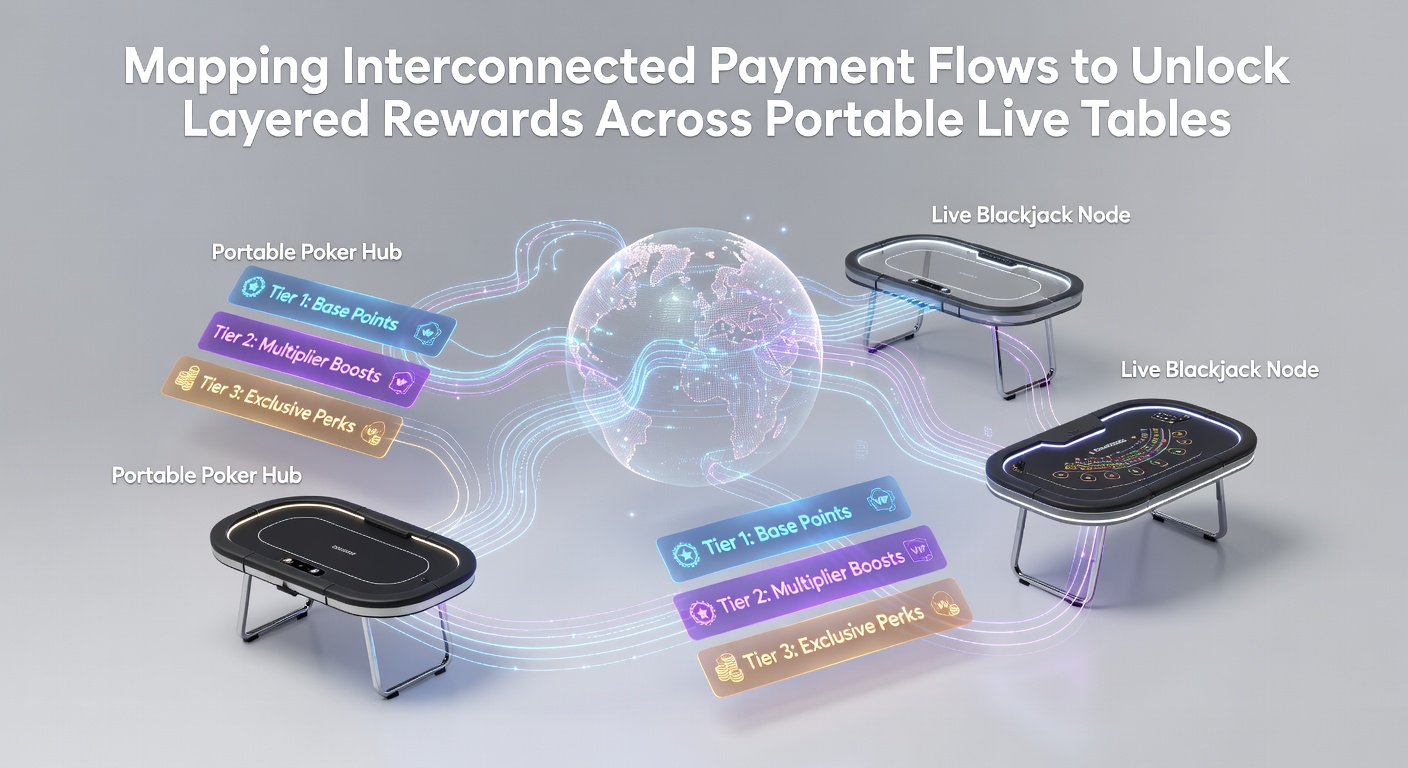 Illustration of layered reward system connected to payment flows on portable live casino tables