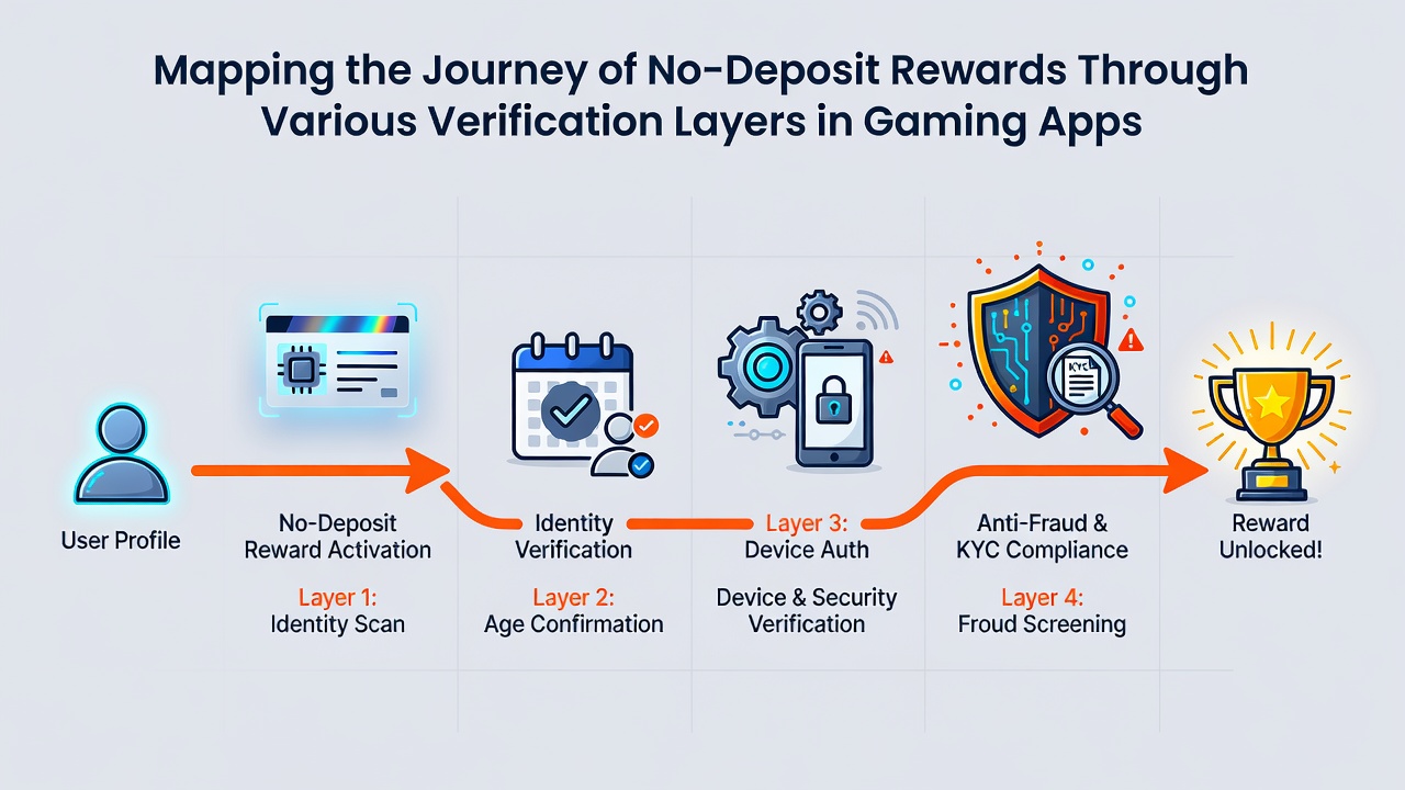 Flowchart illustrating identity and location checks during reward verification in gaming applications