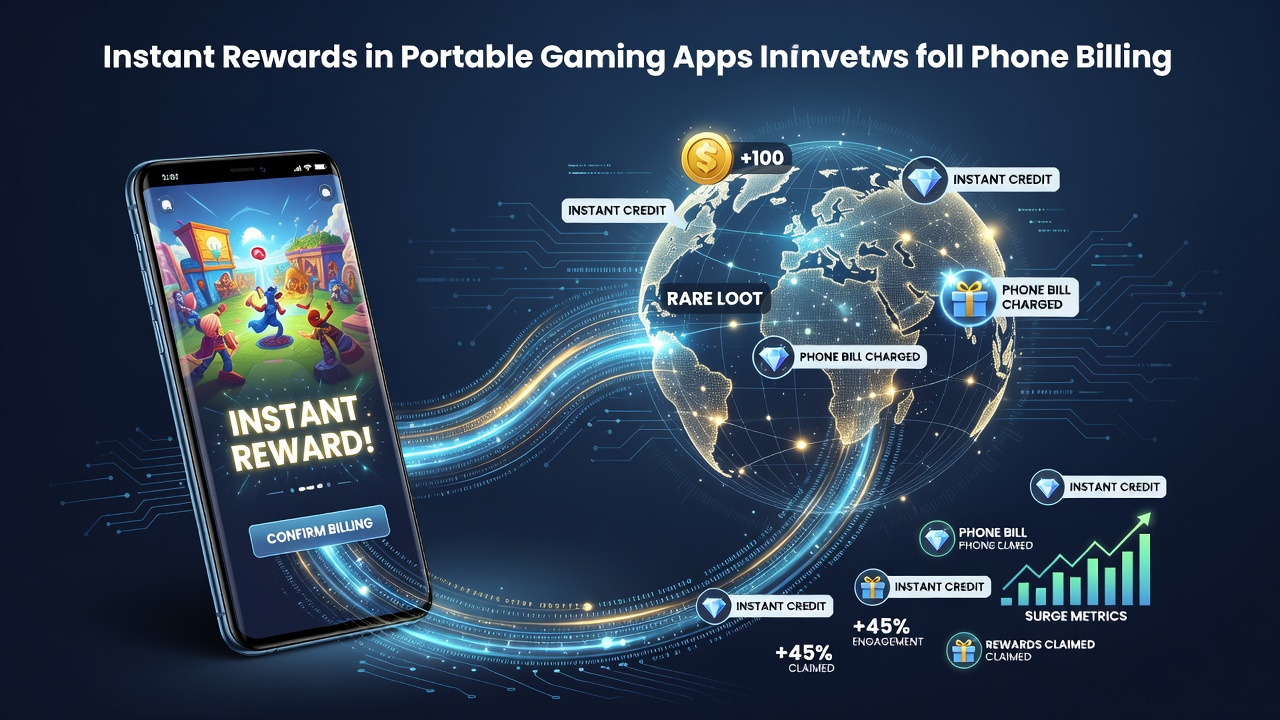 Illustration of mobile gaming apps integrating phone billing for instant rewards and player incentives