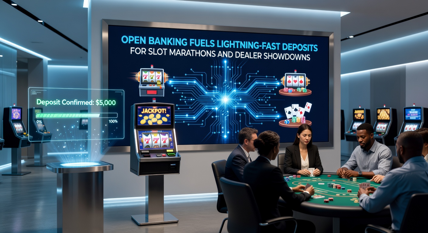 Digital interface showing open banking app integration for instant casino deposits, with slot reels and live dealer tables in the background