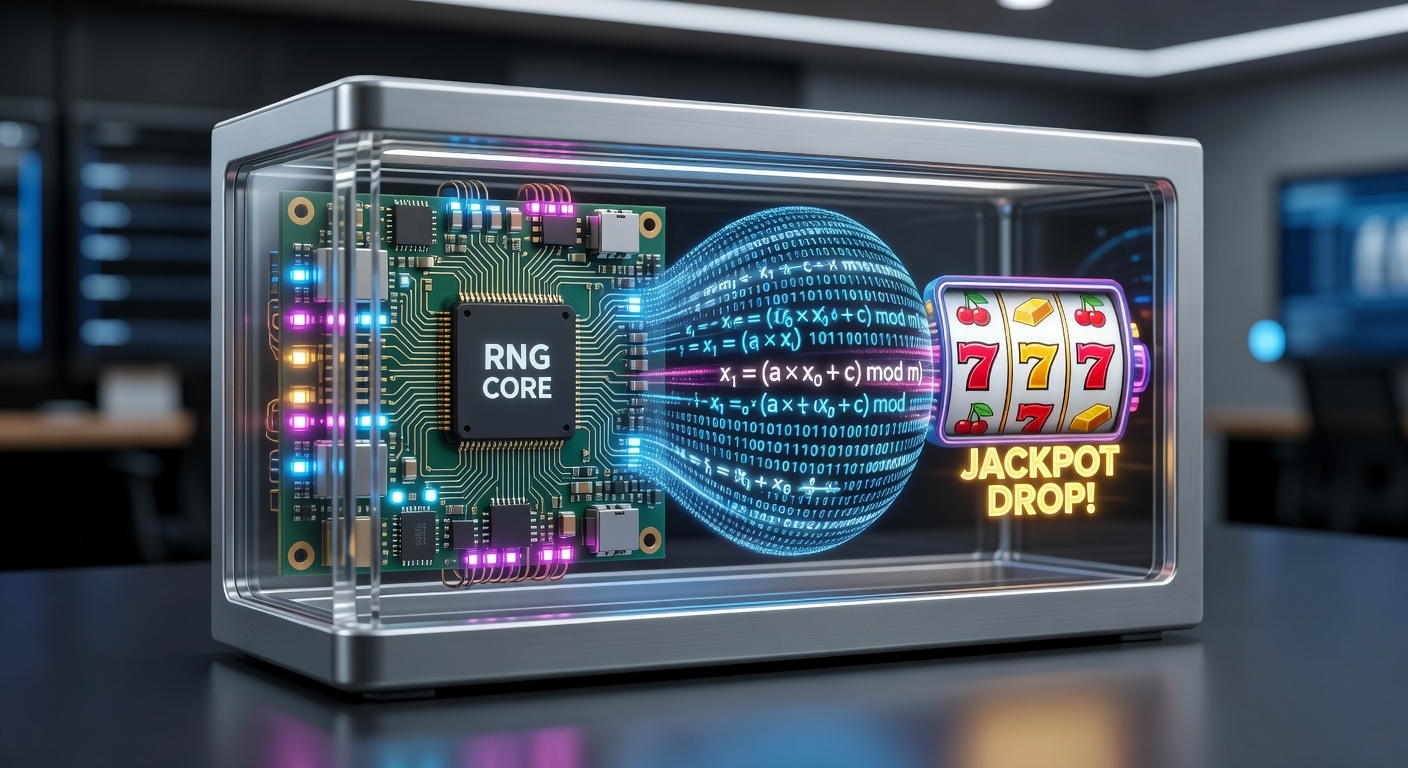 Close-up view of slot machine reels spinning with digital code overlays representing RNG algorithms in action