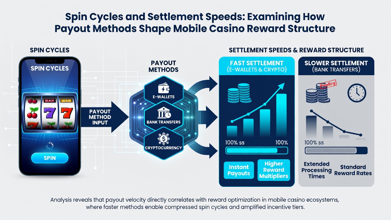 Infographic comparing payout settlement times for e-wallets, cards, and cryptocurrency in mobile casino environments