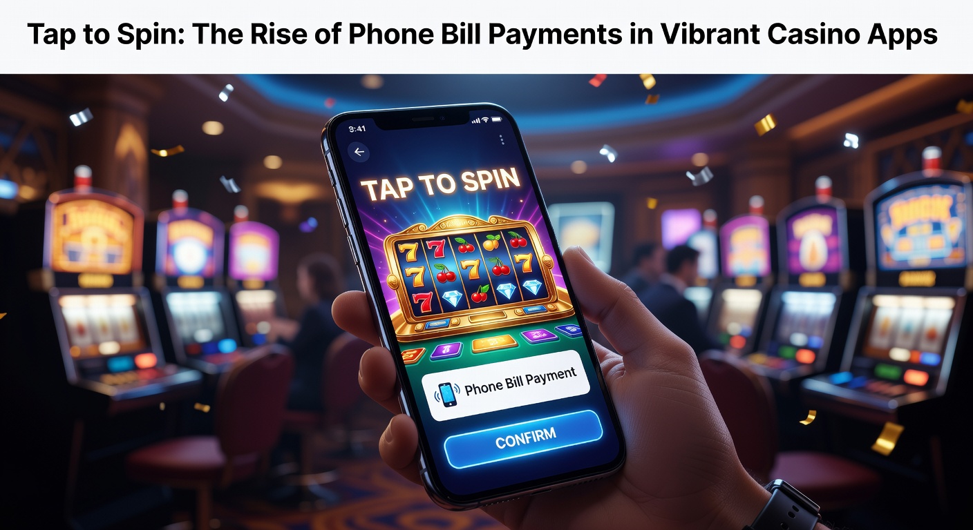 Vibrant casino app interface showing a phone bill deposit option with spinning slots in the background