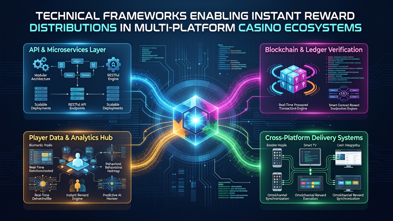 Illustration of blockchain nodes and API connections enabling instant casino rewards