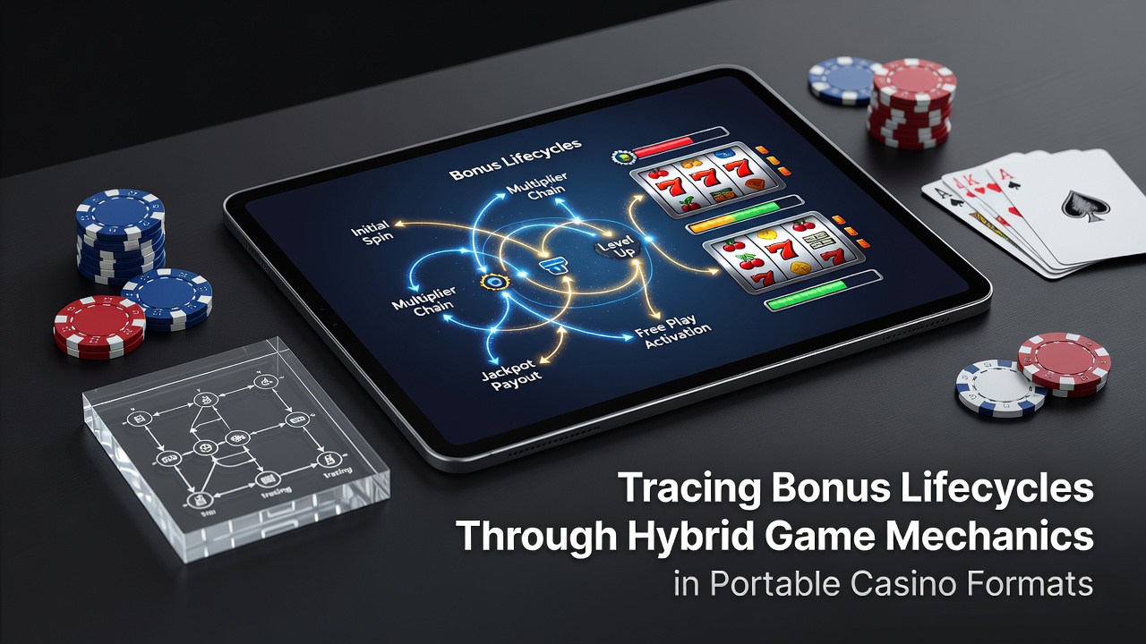 Mobile casino interface displaying hybrid game elements with bonus indicators and progress trackers on a portable device screen
