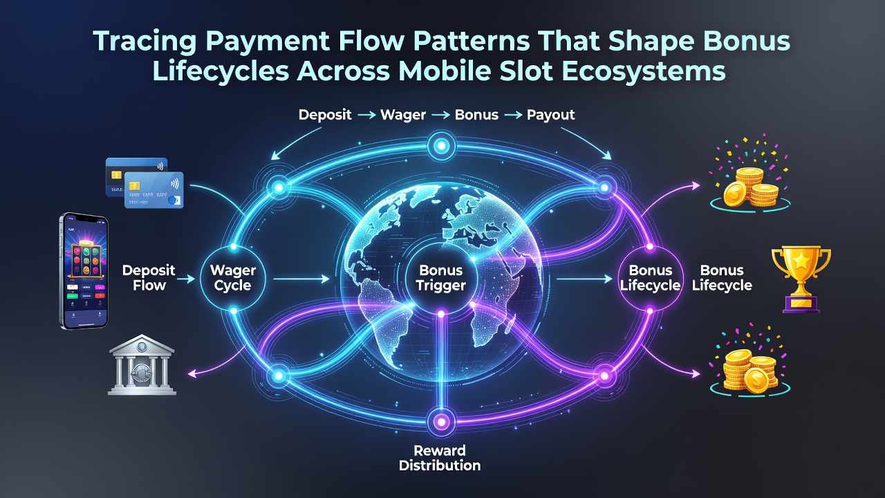 Visual representation of payment flow patterns connecting deposit methods to bonus activation stages in mobile slot interfaces