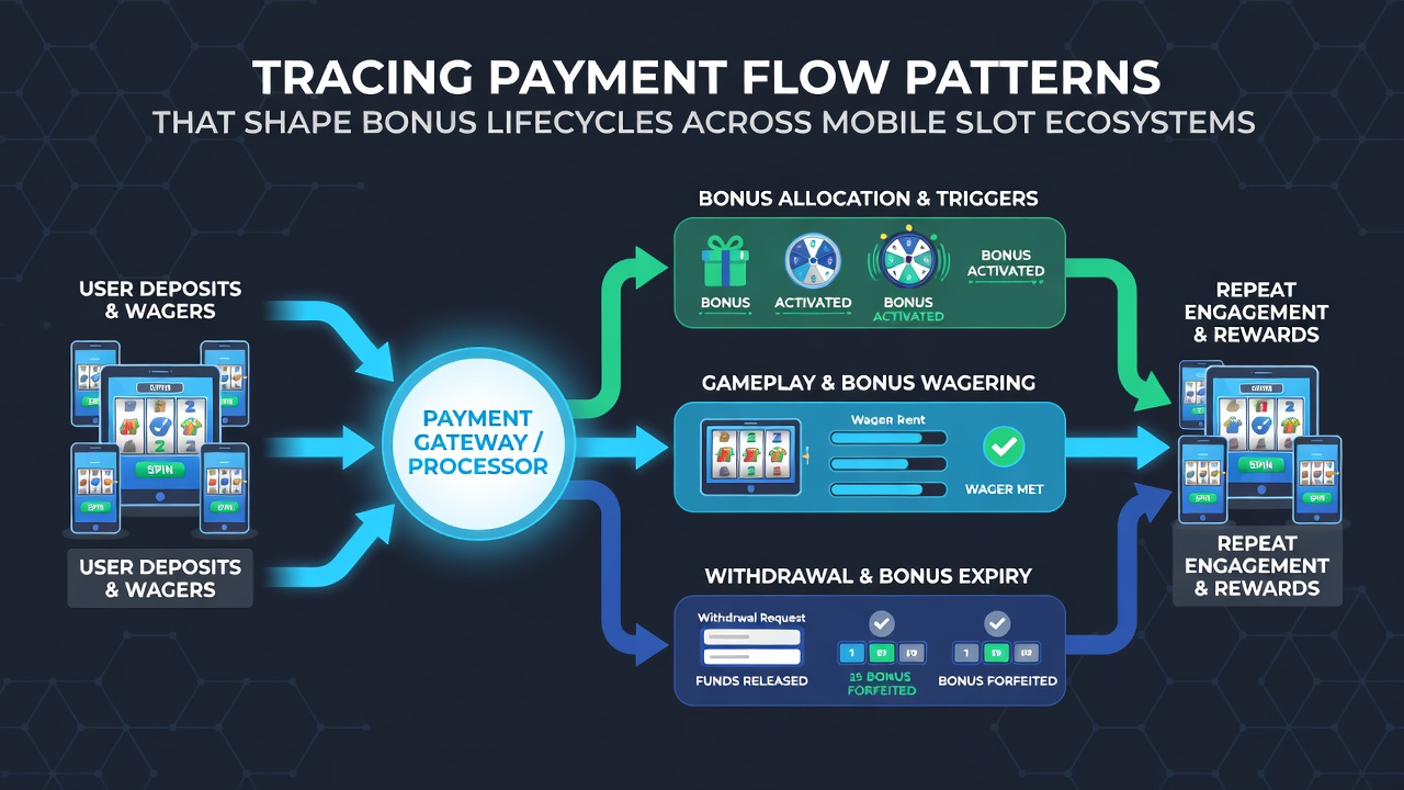 Diagram illustrating how different payment methods influence bonus lifecycle stages from deposit through wagering to cashout in mobile slot environments