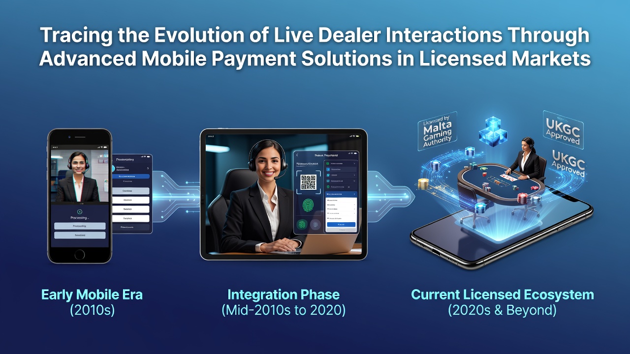Illustration showing the evolution of live dealer gaming through mobile payment technologies in licensed markets